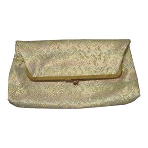 Kisslock Brocade Shimmery Gold Pastel Floral Vintage Foldover Clutch
